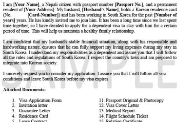 Free editable F-3 Dependent visa cover letter sample for Korean Embassy in Nepal
