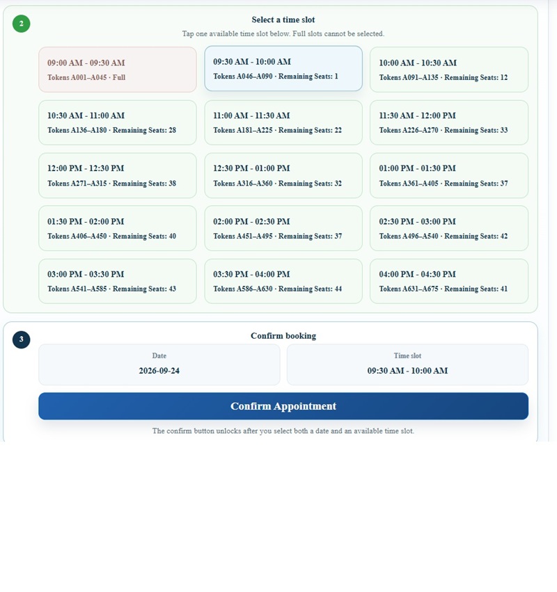 NEATS Appointment Scheduling Interface Interactive calendar interface on NEATS displaying available date and time slots for visiting the Department of Consular Services.