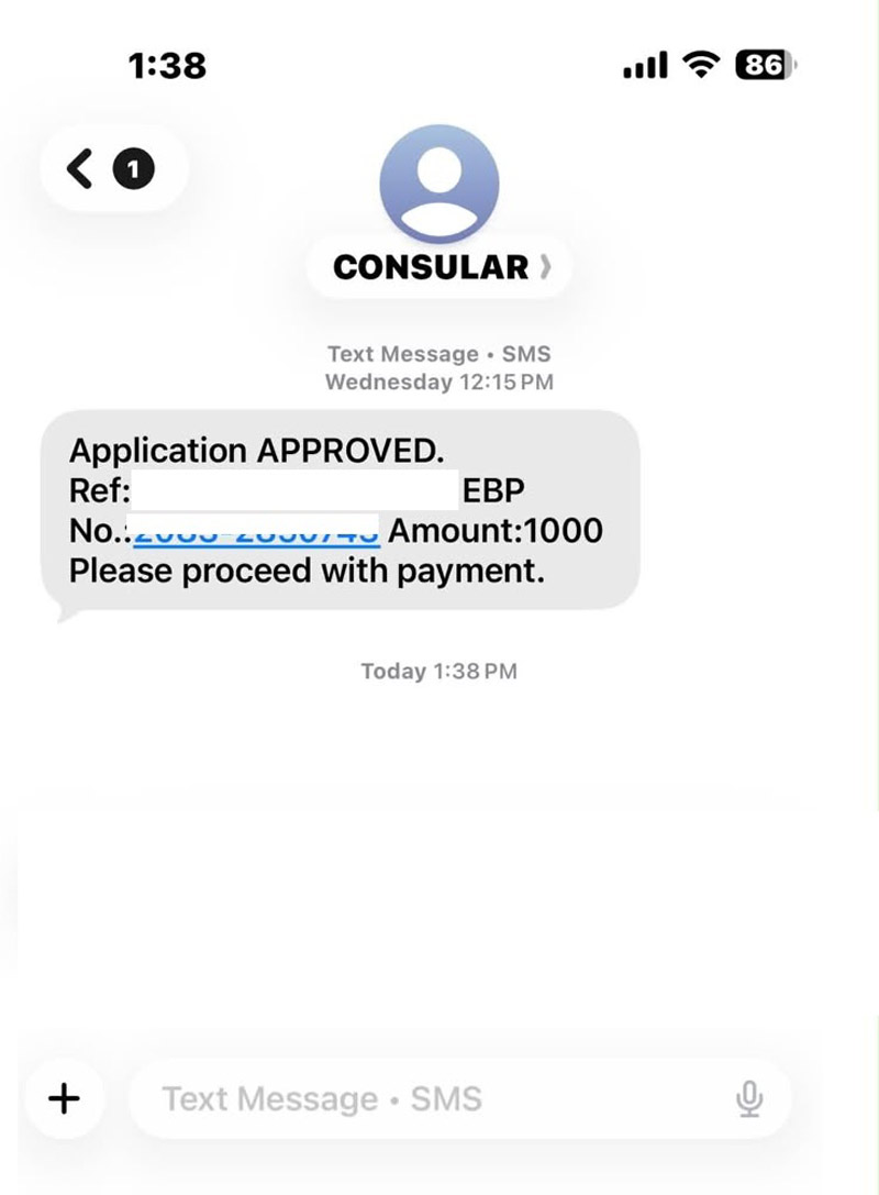 NEATS Application Approval SMS Notification Screenshot of an SMS approval notification from CONSULAR showing an approved NEATS application with reference number, EBP payment number, fee amount, and instructions to proceed with payment.